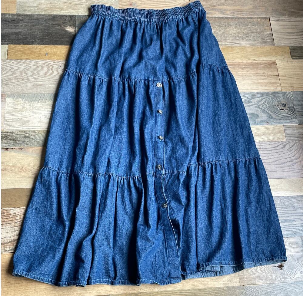 Crazy Cowgirl Women's M Denim Tiered Maxi Skirt Cotton Western Boho